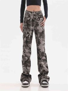 Streetwear kamouflage jeans kvinna hög midja last byxor raka jeans mode raka baggy byxor y2k casual denim byxor t220728