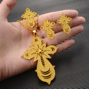 Etiopiskt Big Coin Cross Pendant Necklace Earring Ring Smycken 24K Fin Fast Solid Gold Wide Flower Type African Eritrea Habesha Set