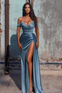 Unique Off the Shoulder Celebrity Evening Dresses V Neck Prom Dresses High Split Beaded Party Women Formal Pageant Gowns