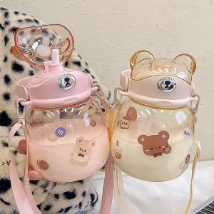 Orders Cartoon bear plastic Water Bottles with straps for children's portable outdoor straw cup students cross drinking water