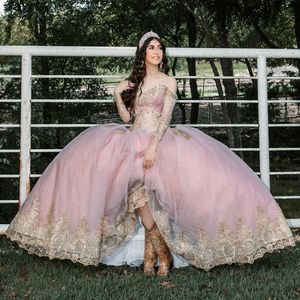 Sparkly Pink Quinceanera Dresses Charro Mexican Formal 2022 Princess Sweetheart Crystal Long Sleeve Ball Gown Masquerade Prom Dress Vestido De 15 Años Party Gown