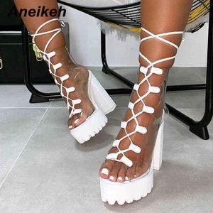 Aneikeh Concise Cross Tied Sandals 부츠 여성을위한 두꺼운 바닥 힐 신발 봄 가을 섹시한 PU 트렌드 발목 부츠 레이스 업 220421