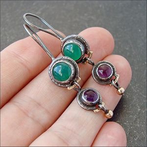 Dangle żyrandol w stylu vintage biżuteria naturalna zielona szmaragdowa i fioletowa ametystka kamień haczyków kolczyki zaręczynowe dla womendan