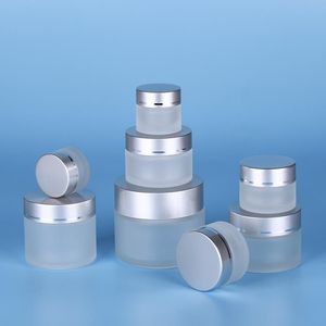 5g 10g 15g 20g 30g 50g Frosted Glass Cosmetic Jar Empty Face Cream Storage Container Refillable Sample Bottle with Silver Lids SN4730