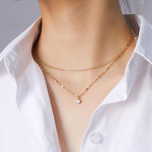 Pendant Necklaces Fashion Ins Simple Double-layer Single Diamond Gold Titanium Steel Necklace Women's Clavicle Chain Versatile Net Red Same