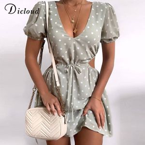 Dicloud Polka Dot Green Summer Dress Chiffon Sexig Hollow Out DrawString midja Mini Day Dress Party Holiday Outfit Fashion 210303