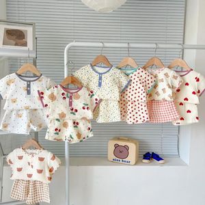 Clothing Sets Kid Summer Casual Set Cute Bear T-shirt Baby Girl Cherry Short Sleeves Tops And Simple Plaid Loose Cotton Shorts Boy SuitCloth