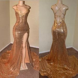 Guld paljetter prom klänningar spaghettirem sido slits svep tåg hög delad skräddarsydd plus size aftonparty klänning vestidos 401