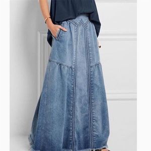 High Waist Fashion Women Denim Skirt Elastic Waist Stretch Denim Loose Long Skirt Summer Female Vintage Casual Skirt 210311