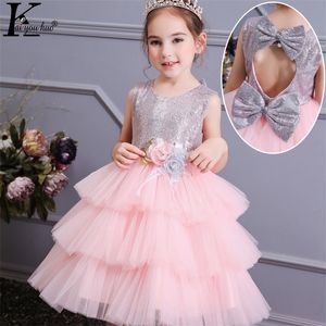 Flower Girls Evening Party Dress For Big Bow Lace Sequins Princess Fantasy Kids Baby Children Formal Wedding 220422