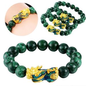Socchi di perline per perle di pietra verde Bracciale uomini donne unisex cinese feng shui pi xiu obsidian wristband wealth oro buona fortuna pixiu reggiseno