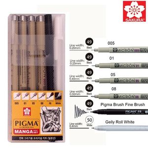 6PCS Sakura Pigma Micron PenArchival Pigment Ink Drawing Pens Manga Set 005 01 05 08 FB Brush Pen Gelly Roll Pen White 201120