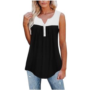 Summer Casual Sleveless T-shirt Women V-Neck Button Stitching Tank Tops Loose Comfortable Pleated Pullover Vest 220325