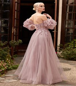 Fairy Lilac Prom Dress Puff Sleeves Sexig älskling En linje Lång aftonklänning med blommor med pärlor med spetsar tyllmiddags klänningar kläder Bal Vestidos de noche largos