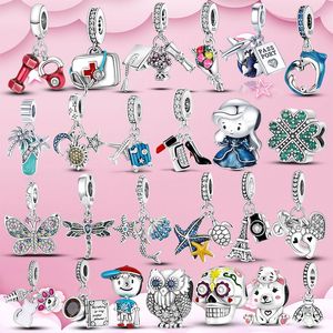 925 Sterling Silver Pendant Charms för Pandora Original Box Butterfly Owl Cat Paw Charm Turtle Dolphin Skull Heart Flower Bead Armband Halsbandsmycken