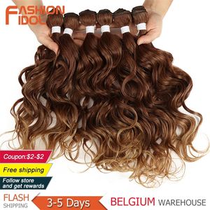 FASHION IDOL Deep Wave Bundles Hair Weave Bundles Ombre Brown 6 Pieces 16-20 Inch 250g Syntetisk hårförlängning 220622