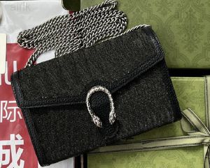 Realfine Torbalar 5A 401231 20cm Siyah Denim Dionysuss Mini Zincir Omuz Çantaları Toz Çantası ile Kadın Çanta