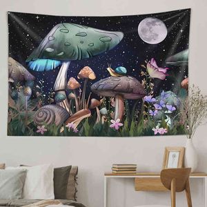 Skeleton Mushroom Tapestry Hippie Trippy Moon and Stars Snail Fantasy Plants Leaves Wall Hanging Phase Moth Living Room Dorm J220804