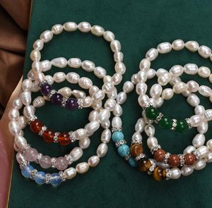 Braccialetto di perle d'acqua dolce naturale al 100% Fili di perline agata Turchese Occhio di tigre 6-7mm Selezione di 8 colori Gioielli di moda da sposa elastici elasticizzati