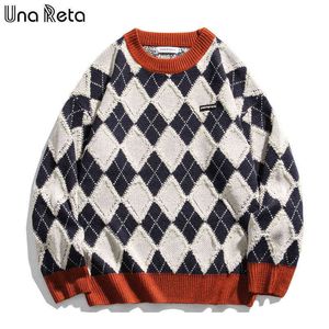 Una Reta Vintage tröja män Nya Harajuku Vinterens kläder stickade tröja Pullover Argyle överdimensionerade tröja T220730