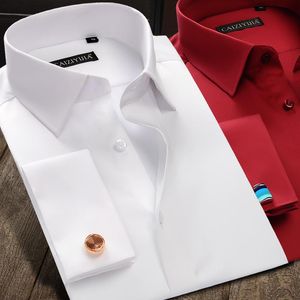 Men's Dress Shirts Luxury Mercerized Cotton French Cuff Button Long Sleeve Men Wedding High Quality With Cufflinks