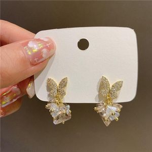 Dangle & Chandelier 2022 Korean Cute Micro Paved Zircon Butterfly Drop Earrings For Women Fashion Pink Crystal Boucle D'oreille JewelryD