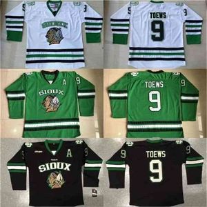 MTHRメンズ9 Jonathan Toews Dakota Hockey Jersey 100％ステッチ刺繍ファイティングSioux Dakota CollegeホッケイJerseysブラックホワイトグリーン