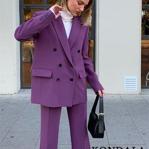 KONDALA Office Lady Tinta unita Viola Oversize Giacca lunga Donna Manica lunga Scollo a V Doppio petto Giubbotti Capispalla femminile 220812