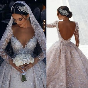 Vestido de noiva com miçangas de luxo lantejoulas de princesa elegante fora do ombro vestidos de noiva de tule longos vestidos de noiva sem costas