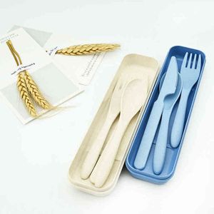 Environmental Portable Reusaborful Spoon Fork Travel Picnic Chopsticks Wheat Straw Tableware Cutlery Set With Carrying Box Y220530