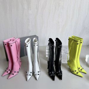 Cagole Genuine Leather Fringed Over-in-ree-the-Knee Boots 스터드 버클 트림 측면 지퍼 지퍼 지점 발가락 스틸레토 힐 하이힐 여성 신발 디자이너 공장 신발 박스와 함께