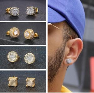 Brincos masculinos de alta qualidade Stud Hip Hop Iced Out Bling CZ Stud Brincos Geométrico Quadrado Redondo Cor Dourada Micro Pave Cubic Zircon Studs Brinco