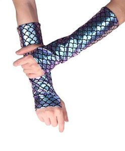 Shiny Metallic Mermaid Elbow Gloves Costume Accessories Fish Scale Fingerless Long Glove Arm Sleeves Halloween Carnival Masquerade