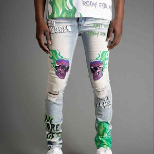 Ekran Baskılı Pantolon toptan satış-2022 Avrupa Amerikan Bahar Yaz Yeni Trend Pantolon Jeans Erkekler Kişilik Işık Yeşil Pantolon Ekran Baskı Streç Kot Için Boya