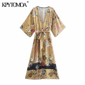 Women Fashion with Belt Crane Print Midi Kimono Dress Abito vintage a tre quarti Dritti per orlo diviso Mujer 220526
