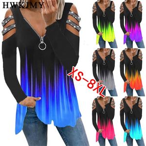 Womens Clothing Tee Female Big Large Off Shoulder Autumn Zipper Long sleeve Casual Tops Femme Hole Out Ladies T Shirts Plus Size 220321