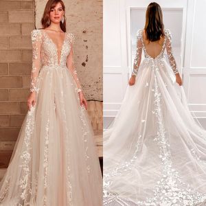 Zarif balo elbisesi gelinlik uzunsleeves organze payetler v yaka aplikeler dantel arapça düğün gelin elbisesi kristal vestidos de novia