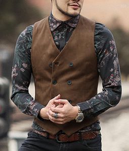 Herrvästar 2022 Stylishbrown dubbelbröst mens kostym Vest V Neck ull Slim Fit Waistcoat Casual Formal Business Groomman For Wedding Phin