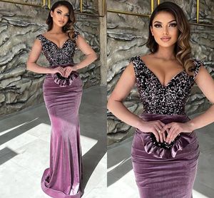 Sexy New V neck Sequined Top Mermaid Prom Dresses 2022 Purple Backless Velvet Formal Evening Gowns BC17182 B052002