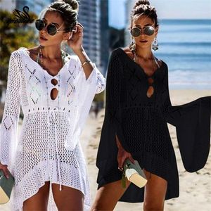 2019 Crochet White Knitted Beach Cover up dress Tunic Long Pareos Bikinis Cover ups Swim Cover up Robe Plage Beachwear Y200706