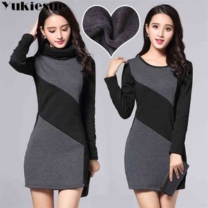 Winter warm fleece dress women turtleneck long sleeve patchwork pencil mini dresses womens OL office work wear bottom 210412