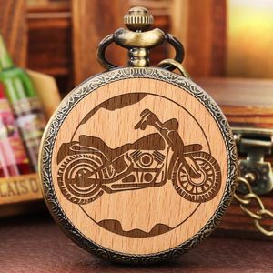 Pocket Watches Punk Cool Motorcycle Engraved Round Wood Quartz Watch Vintage Classic Arabic Numerals Dial Antique Bronze Necklace WatchPocke