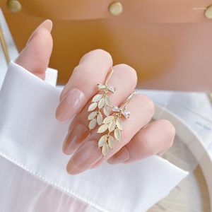 Jóias de moda da Korea 14K Real Gold Plating Zircon Opal Folhas de trigo de trigo Earrings Festas de casamento elegantes femininas