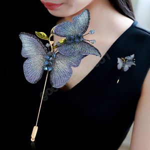 Geborduurde stof Butterfly Broche Cyrstal Lange Naald Pin Cardigan Sjaal Mode sieraden Geschenken voor Dames Accessoires