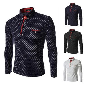 Polo da uomo con stampa a pois, colletto rovesciato, manica lunga, camicia da uomo, alla moda, patchwork, bavero, primavera, t-shirt, bottoni colorfast, design, t-shirt da uomo