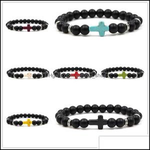 Charm Bracelets Jewelry Fashion Unisex Natural Stone Cross Men Bracelet Hand Work Black Onyx Matte Beaded Drop Del Dhruw