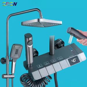Grey Piano Digital Shower System Intelligent Brass Bathroom Faucets Hot Cold Waterfall Tap Rainfall Gray Piano Shower Set