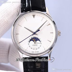 Master Ultra Thin 1368420 Moon Phase Automatic Mens Watch 39mm Steel Case White Dial Silver Stick Markers Leather Strap Calender Klockor 2022 PURETIME JL-Y10B2