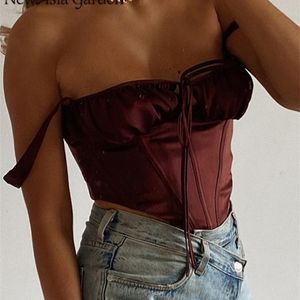 Azja Gorset Top Y2K Cami Kobiety Nie kości Tie Up Cut Out Square Neck Zipper Ruched Wyściełany Tank Satin Party Club Casual Stroje 220318