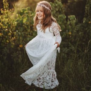 2-12 anni pizzo ragazze vestono bianco / beige bambino manica lunga fiore vestiti boho bambini bambini principessa festa di ballo di fine anno 220426